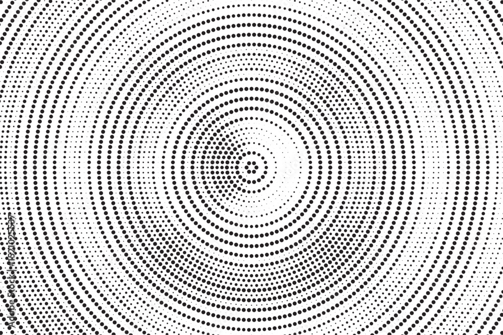 Poster Radial halftone gradient background. Dotted concentric texture with fading effect. Black and white circle shade wallpaper. Grunge rough vector. Monochrome backdrop