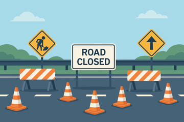 Road Closed concept. Highway construction zone with traffic safety cones, barricades, men at work symbol, and detour arrow signs. Vector illustration for street repair and maintenance.