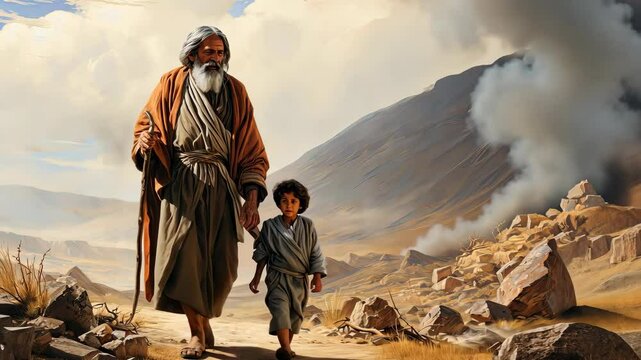 Prophet of God the Patriarch and Father of Faith and his son in the sacrifice Biblical scene