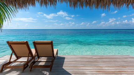 Fototapeta premium Relaxing sunbeds on tropical deck overlooking serene ocean horizon