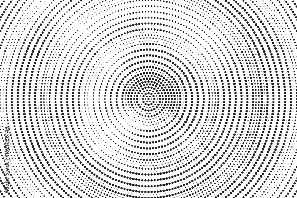 Poster Radial halftone gradient background. Dotted concentric texture with fading effect. Black and white circle shade wallpaper. Grunge rough vector. Monochrome backdrop