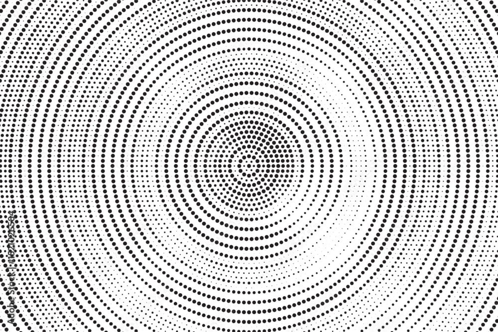 Poster Radial halftone gradient background. Dotted concentric texture with fading effect. Black and white circle shade wallpaper. Grunge rough vector. Monochrome backdrop	