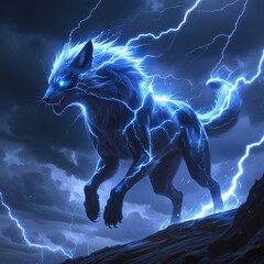 Electrifying Thunder Wolf in Storm – Powerful Fantasy Lightning Beast with Glowing Blue Aura