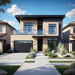 Modern Two-Story Home with Minimalist Landscaping – Contemporary Architecture in Suburban Setting