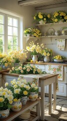 Charming Country Kitchen Filled with Yellow Flowers – Cozy Floral Decor with Natural Light