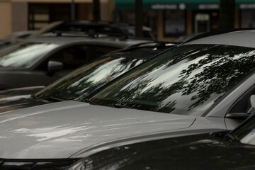 A collection of gray and black vehicles can be seen parked in a spacious lot, with their...