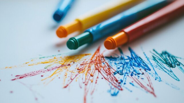 Four crayons of different colors - blue, yellow, green, and red - lying on a white surface.