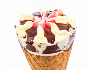 Delightful ice cream cone topped with rich chocolate and vibrant strawberry swirls, perfect treat for any occasion