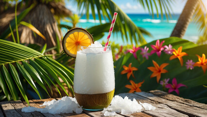 A fresh coconut water with straw in a tropical setting