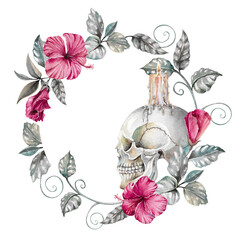 Hibiscus dark pink floral wreath, gray silver leaves and branches, human skull with burning candle on top hand drawn watercolor illustration isolated on white. Round frame for gloomy, gothic designs