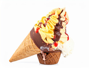 Delightful ice cream cone topped with swirls of vanilla and chocolate, drizzled with syrup, and served in crispy cone