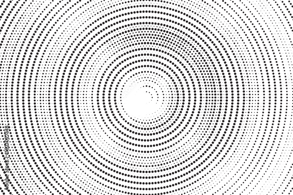Aufkleber Radial halftone gradient background. Dotted concentric texture with fading effect. Black and white circle shade wallpaper. Grunge rough vector. Monochrome backdrop
