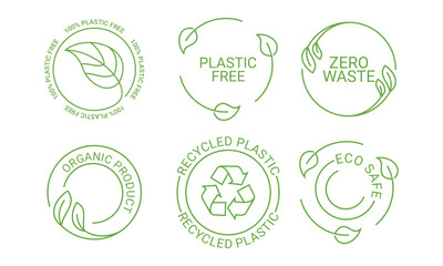 Eco safe, zero waste and recycled material. label set, plastic free, eco friendly with leaf cycle vector template