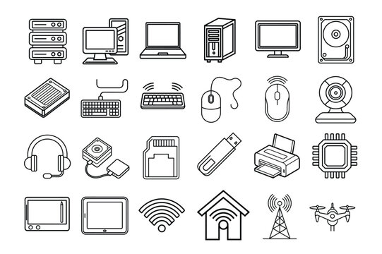 A grid of outlined icons representing various computer and technology equipment. It includes server towers, a desktop computer, a laptop, a monitor, a hard drive, a keyboard and more