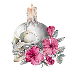Human skull, burning candle with dark pink hibiscus flowers hand drawn watercolor gothic illustration isolated on white. Vintage bright clipart for funeral, halloween, scary design, cards, invitations