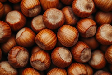 Obraz premium Top view of hazelnuts scattered in natural arrangement, earthy tones and food texture in simple composition