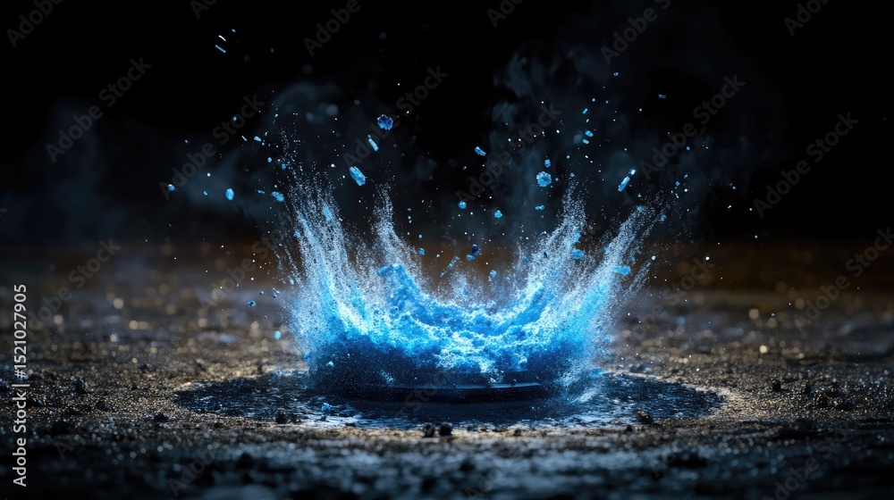 Poster blue fire particle burst with glowing sparks, futuristic power platform concept in a dark background