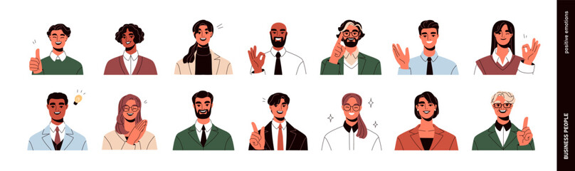 Plakat Happy business people avatars set. Smiling male and female employees, head portraits. Cheerful friendly office workers with positive expressions. Flat vector illustrations isolated on white background