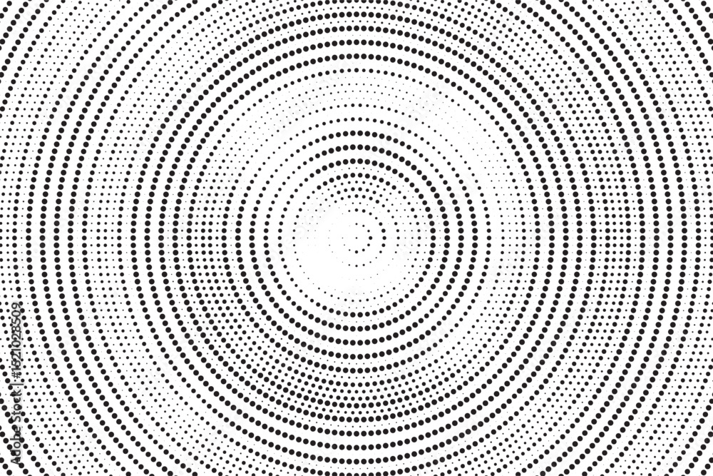 Aufkleber Radial halftone gradient background. Dotted concentric texture with fading effect. Black and white circle shade wallpaper. Grunge rough vector. Monochrome backdrop