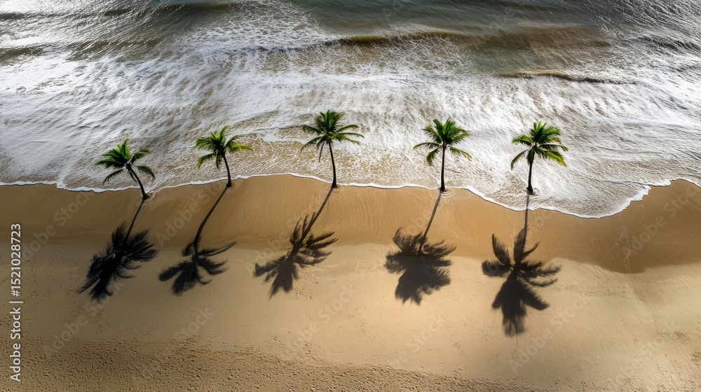 Aufkleber aerial view of sandy shore with soft white wave lines and palm tree silhouettes