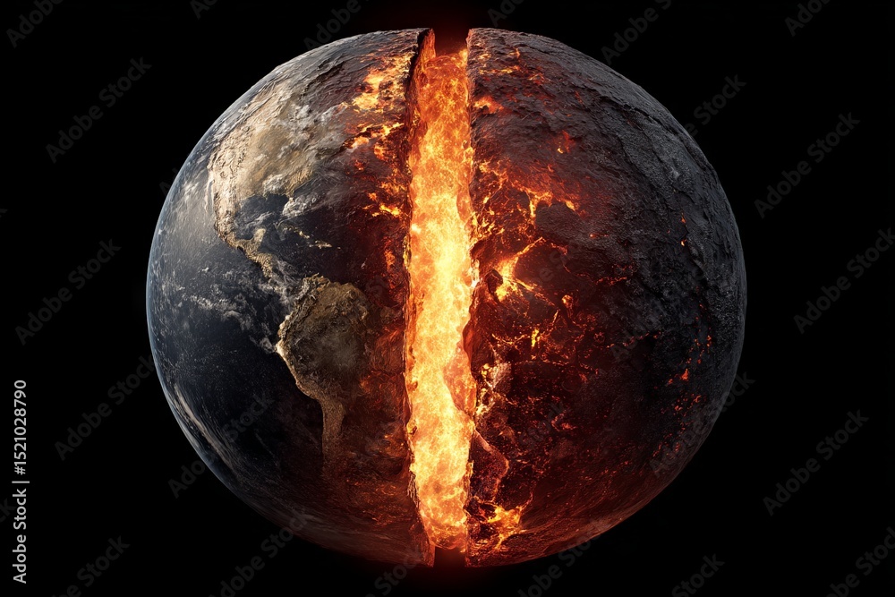 Poster imaginary depiction of earth split in half showcasing fiery core and outer crust with contrasting la