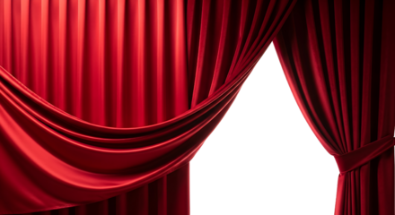 luxurious red curtains velvet stage part slightly, revealing the mystery and excitement beyond transparent background