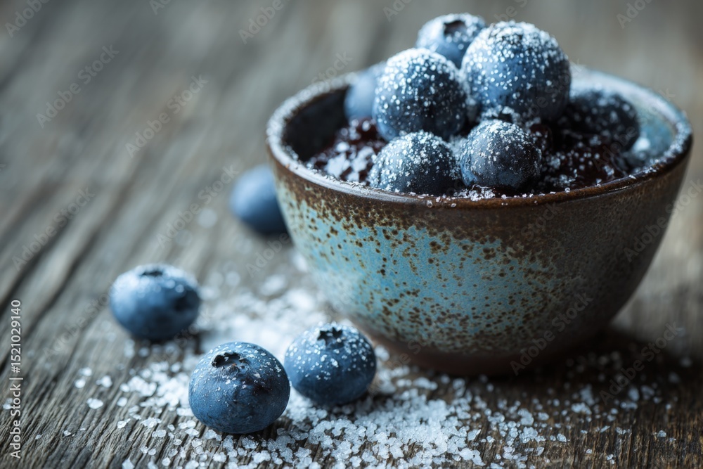 Poster blueberries with sugar served in a rustic bowl on a wooden table at a casual dining setting