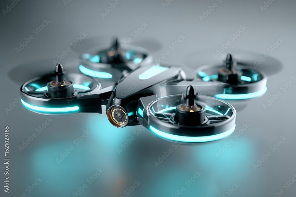 Poster high-tech drone with glowing accents displayed on a smooth surface