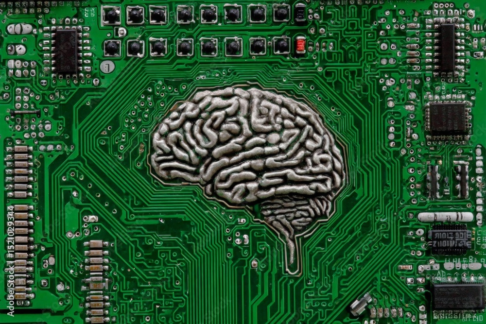 Aufkleber Circuit board design featuring a metallic brain shape illustrating the fusion of technology and artificial intelligence