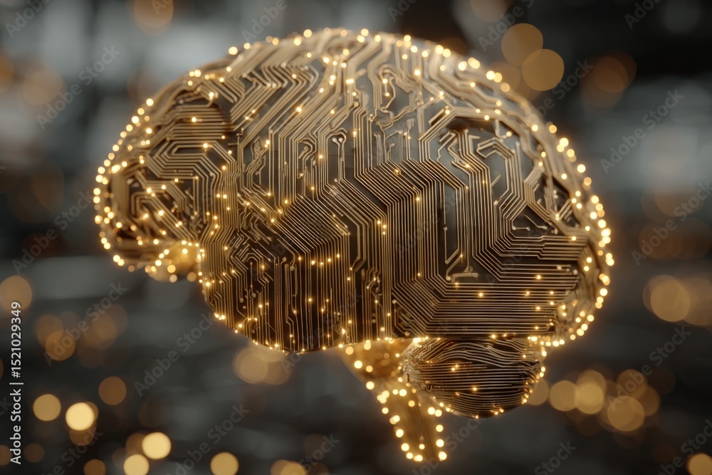 Poster Brain shaped circuit board glowing with lights representing artificial intelligence concept in a high-tech environment