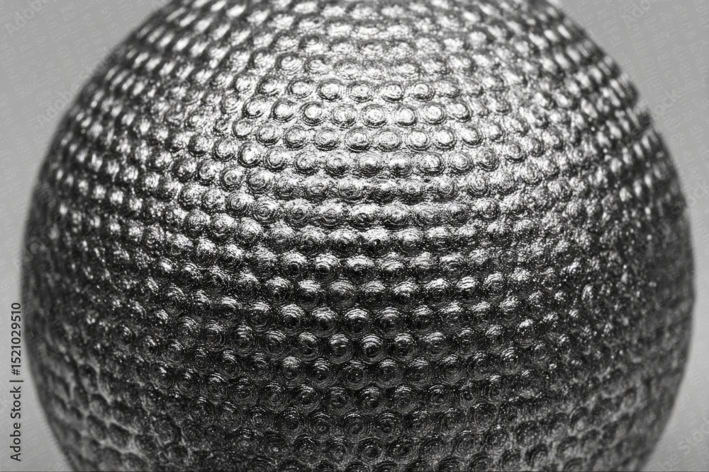 Fototapete Close-up view of a textured metallic sphere illuminated with soft lighting showcasing intricate patterns and reflective surfaces