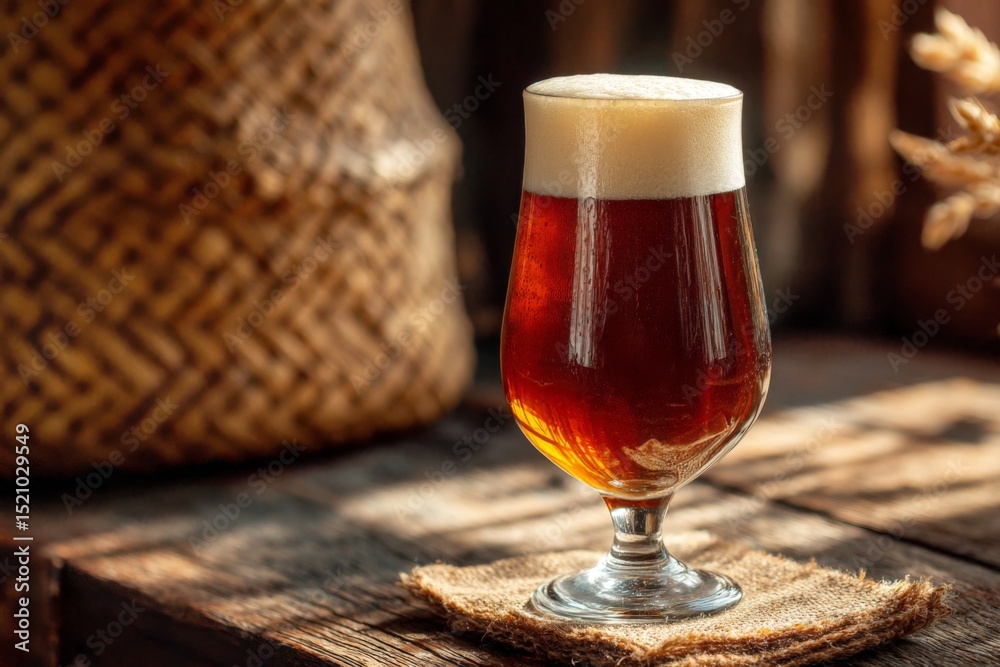 Poster refreshing amber beer served in a crystal glass with foam at a rustic wooden table in warm afternoon