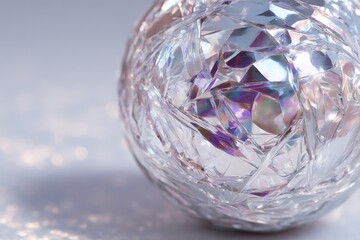 Intricate crystal sphere reflecting colors on a smooth surface in a soft light setting
