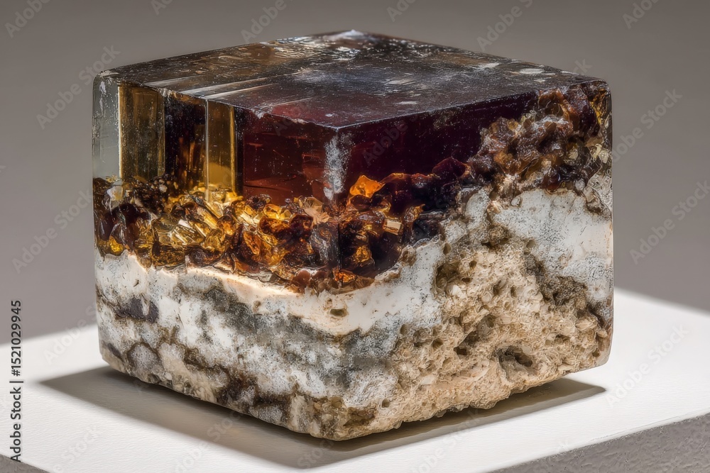 Poster spectacular amber crystal cube showcasing intricate textures and colors in a well-lit museum display