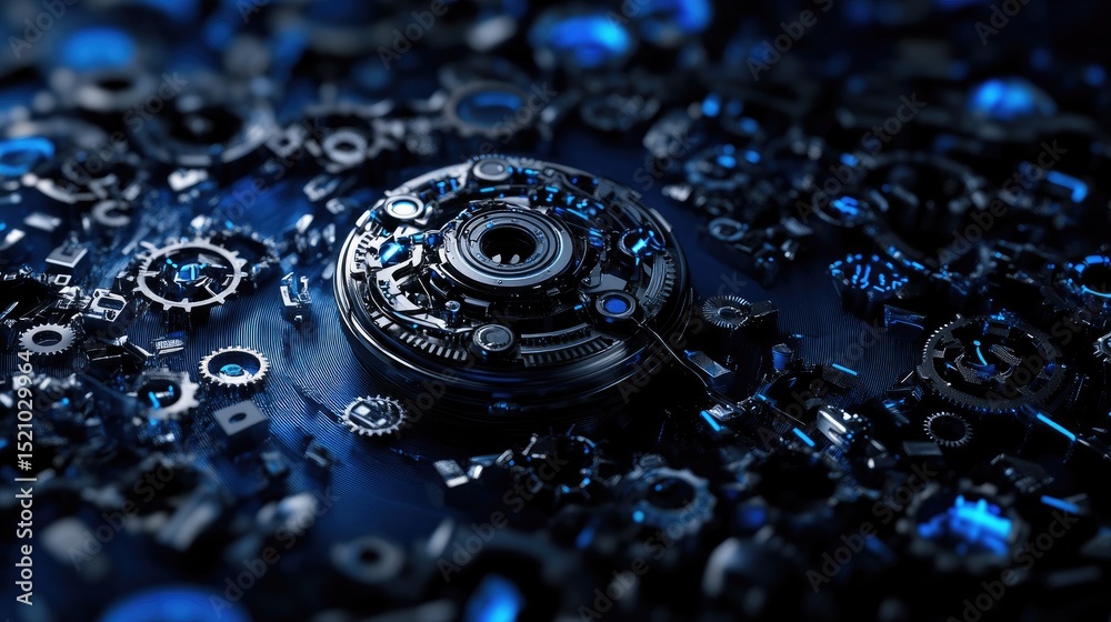 Aufkleber abstract technology wallpaper with gear mechanisms and swirling data streams in blue gradient