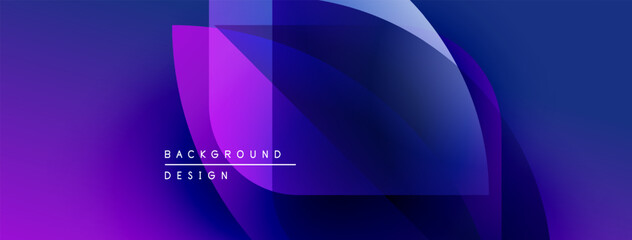 Abstract background features overlapping purple, blue shapes. Modern design elements create dynamic visual effect. Smooth gradients present depth.