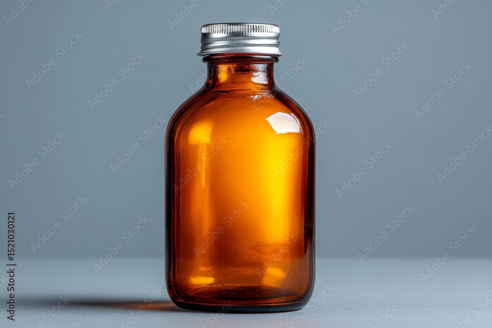 Poster brown glass bottle filled with liquid displayed on a simple background in a well-lit studio environm