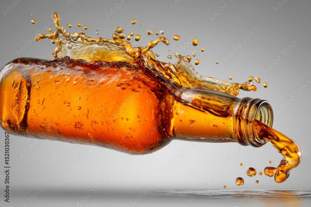 Poster Bottle of amber liquid splashes in the air showcasing vibrant colors and dynamic movement in a studio setting