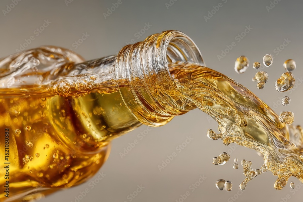 Aufkleber Liquid pouring swiftly from a bottle creating dynamic splashes under soft lighting