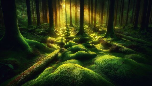 A forest floor covered in luminous moss revealing hidden pathway