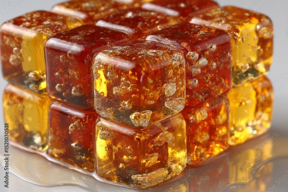 Poster decorative resin cubes with bubbles arranged neatly on a reflective surface in a light setting