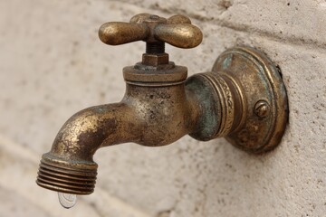 Old brass faucet mounted on a concrete wall with a droplet of water hanging from the spout