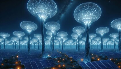 A forest of silicon trees collecting solar energy in glowing pod