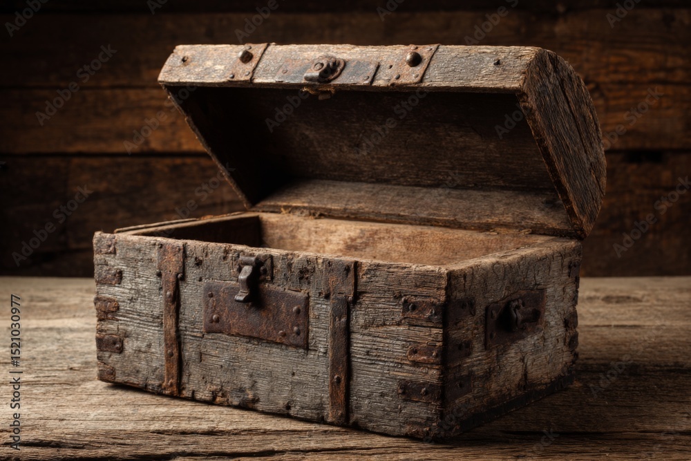 Poster old wooden chest rests on rustic wooden table with slightly open lid revealing empty interior