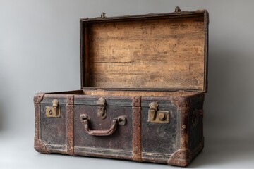 Vintage wooden trunk with metal accents displayed in an artistic setting, showcasing its weathered charm and history