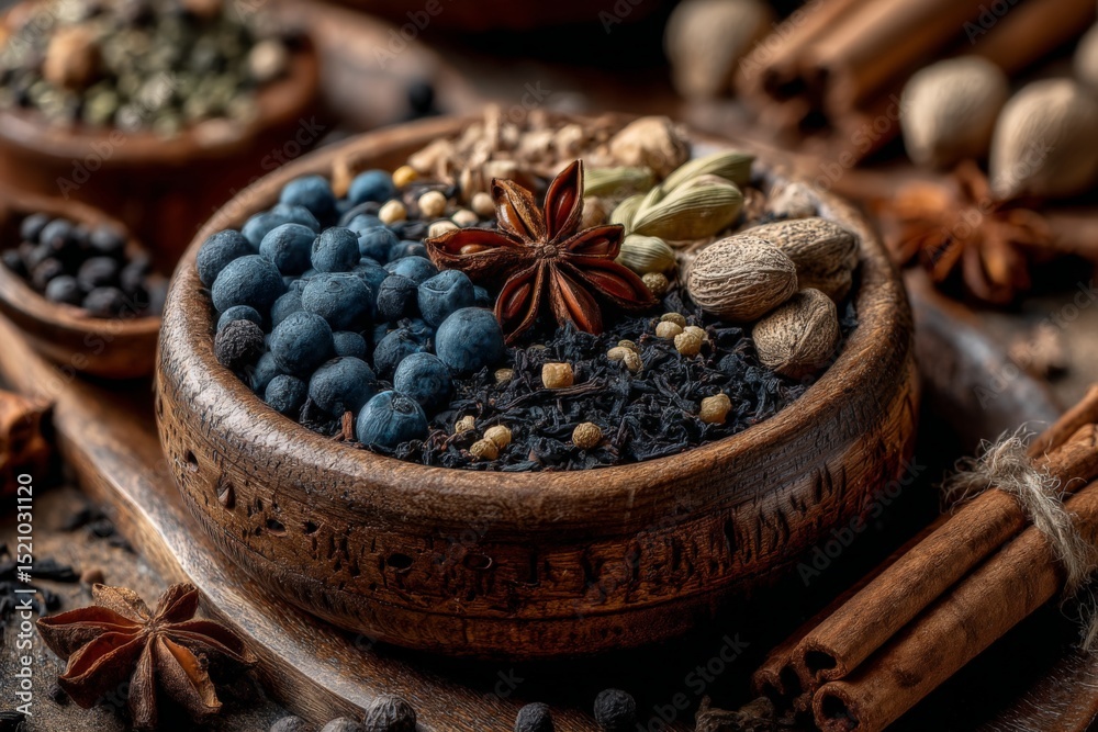 Poster colorful selection of herbs and spices arranged in a wooden bowl on a rustic table