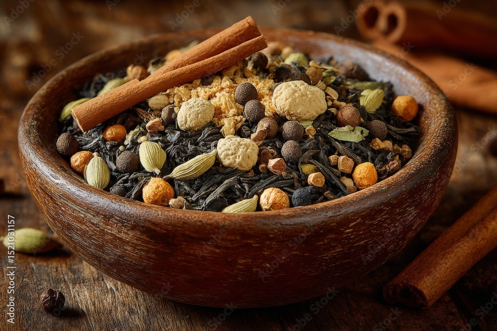 Poster spices and herbs arranged in a wooden bowl with cinnamon sticks on a rustic wooden table setting
