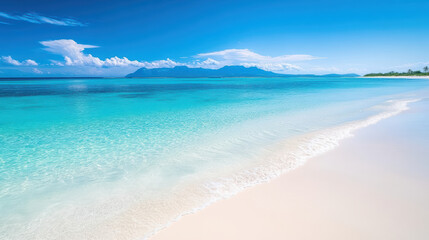 Fototapeta premium Crystal clear water meets serene beach under bright blue sky, creating tropical paradise