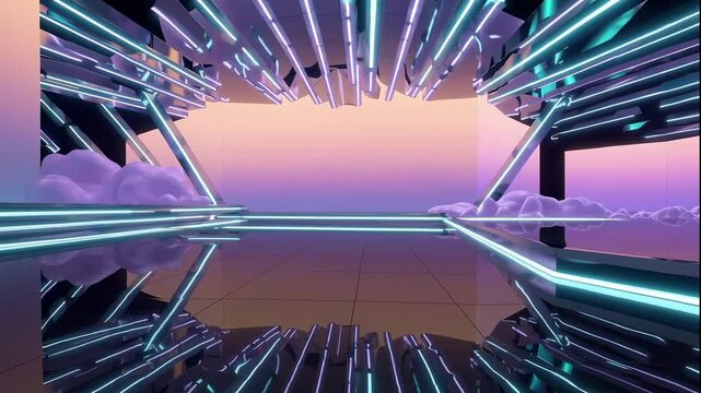A futuristic neon-lit stage with a reflective floor is surrounded by abstract geometric architectural elements. Concept of modern design and advanced technology in entertainment spaces.