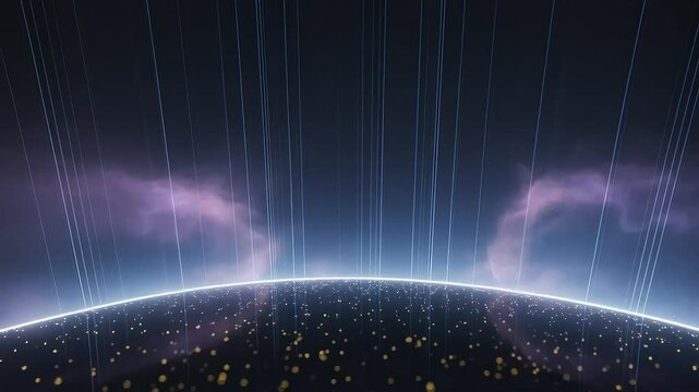 Abstract digital landscape with glowing lines and particles against a dark blue background